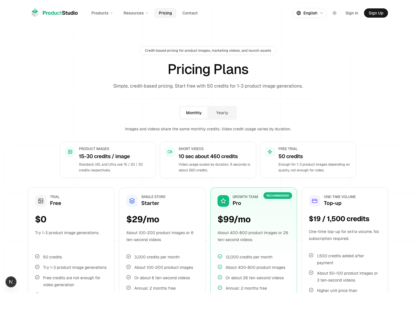 ProductStudio pricing page